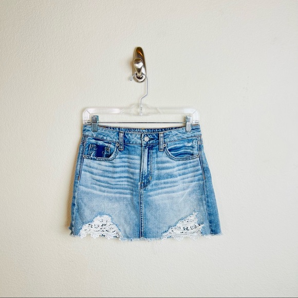 American Eagle High Rise Distressed Denim Crochet Detail Festival Mini Skirt - Picture 3 of 10